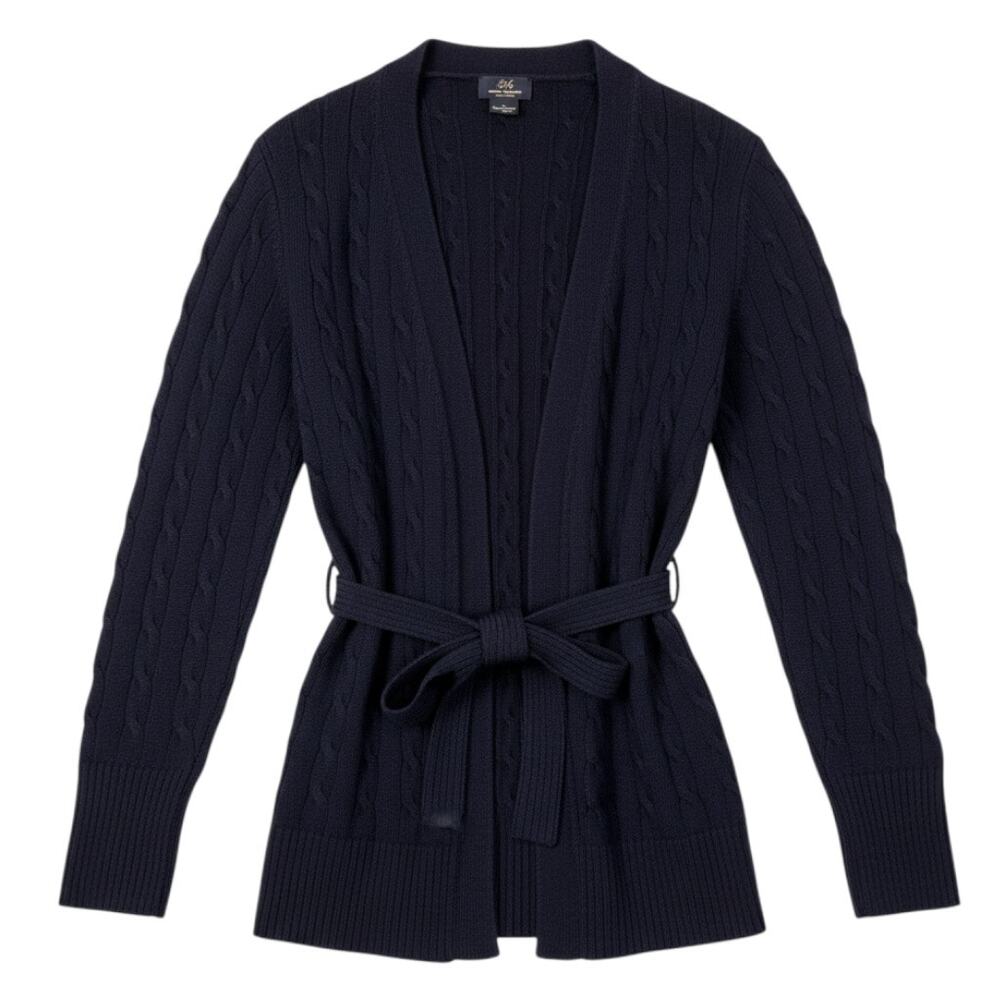 Brooks Brothers Navy Blue Wool Cable Knit Open Cardigan Sweater Medium Belted